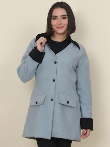 Women’s Long Wool-Blend Winter Coat – Light Grey with Black Contrast